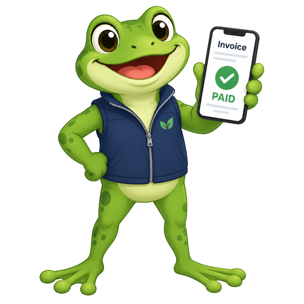 InvoFrog mascot holding a paid invoice